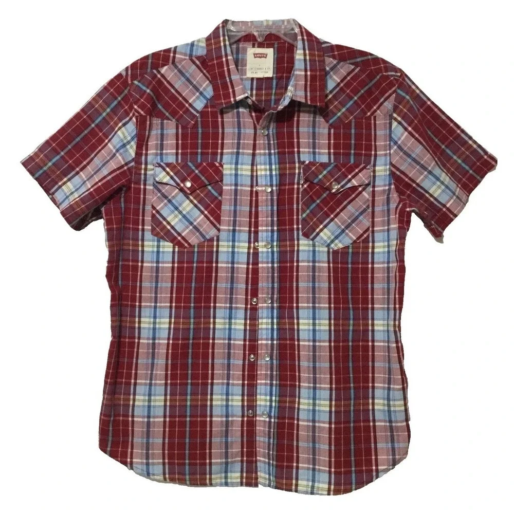 Levi's Strauss Shirt Mens Pearl Snap L Red Blue Plaid Western Cowboy Rodeo‎ SS
